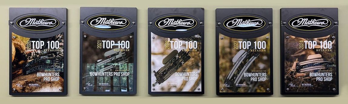 Mathews Top 100 Retailer Award badges from 2020 to 2024
