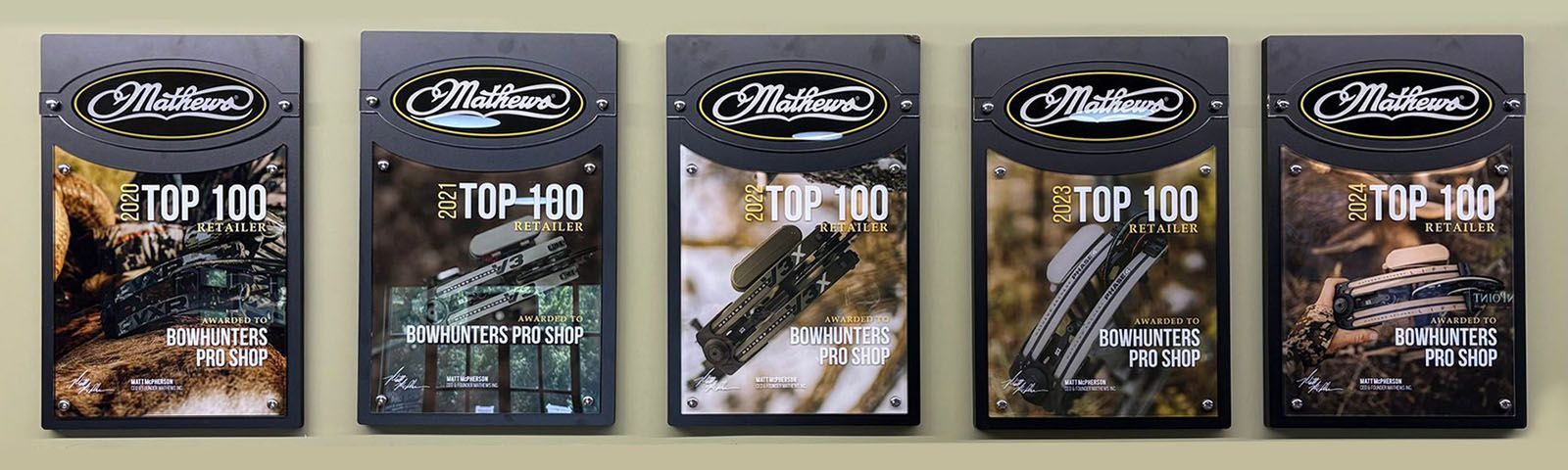 Mathews Top 100 Retailer Award badges from 2020 to 2024
