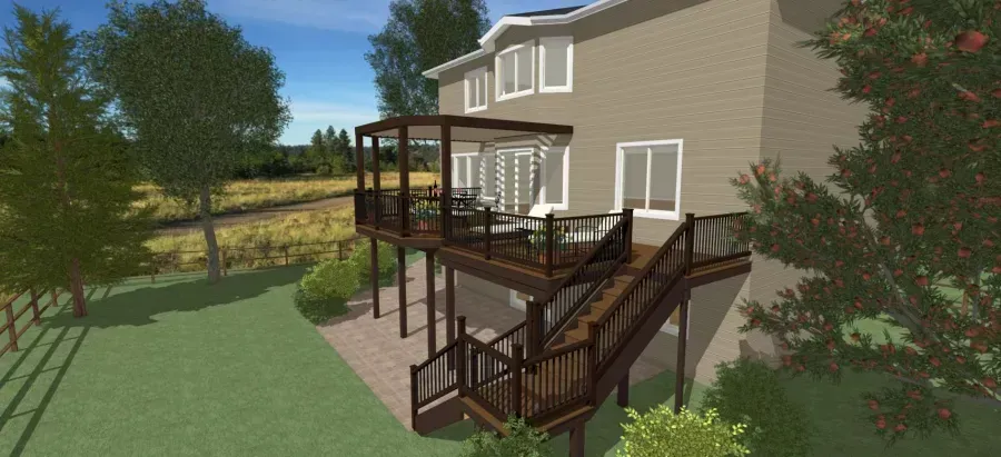 Backyard deck and staircase on a beige house, surrounded by green trees and lawn