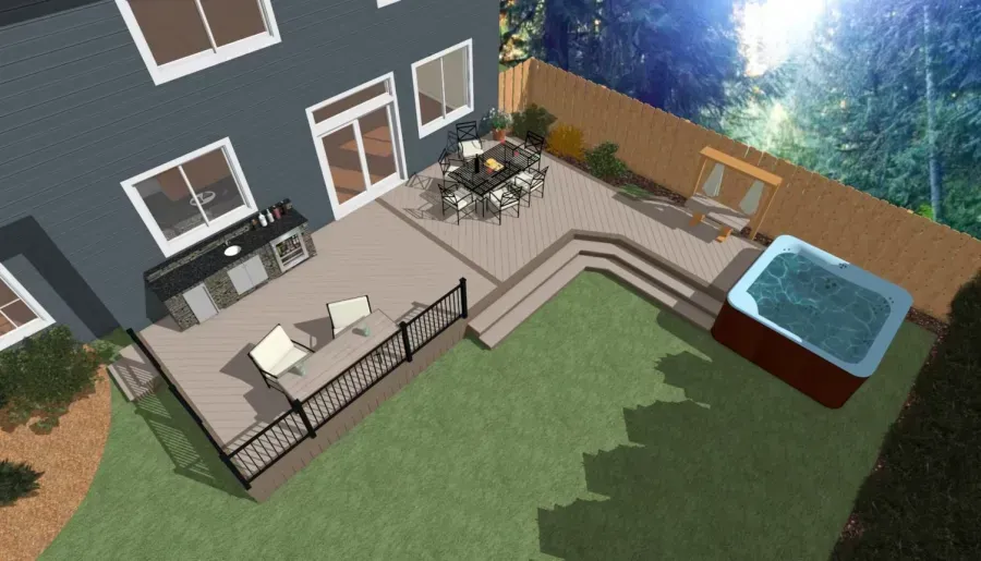 Backyard patio with outdoor seating, steps, lawn, and a small hot tub beside a house