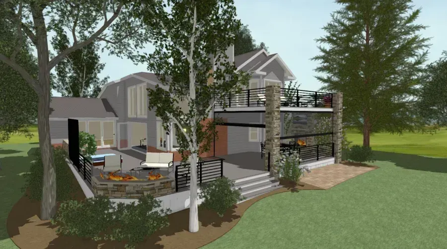 Modern house with patio, steps, trees, and outdoor seating in a landscaped yard