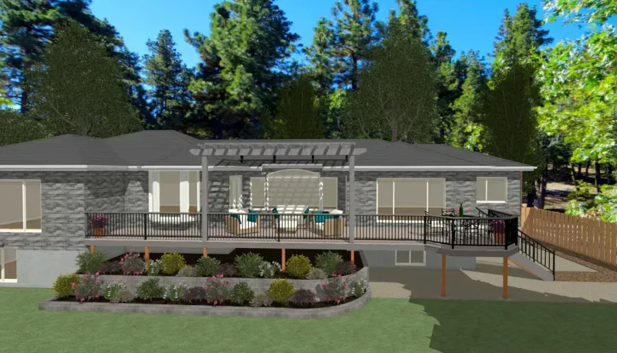 Modern single-story house with stone facade, front porch, landscaped yard, and trees behind it