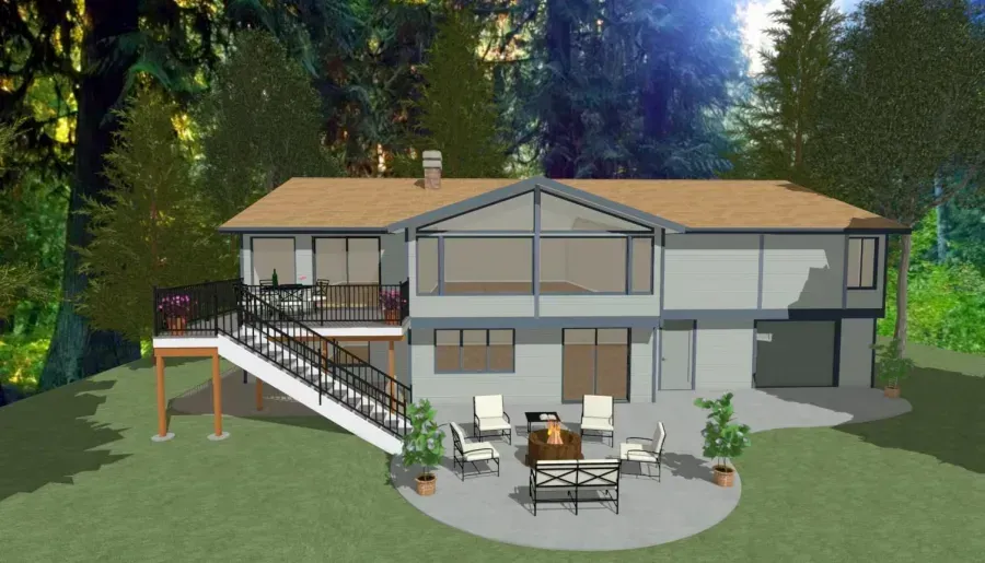 Modern two-story house exterior with deck, stairs, and patio seating in a wooded yard.