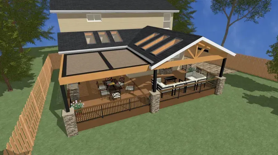 Wooden patio deck with outdoor seating and a pergola attached to a house in a backyard