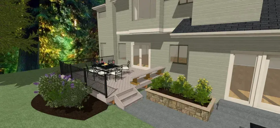 Modern house exterior with patio, stairs, potted plants, and landscaped garden