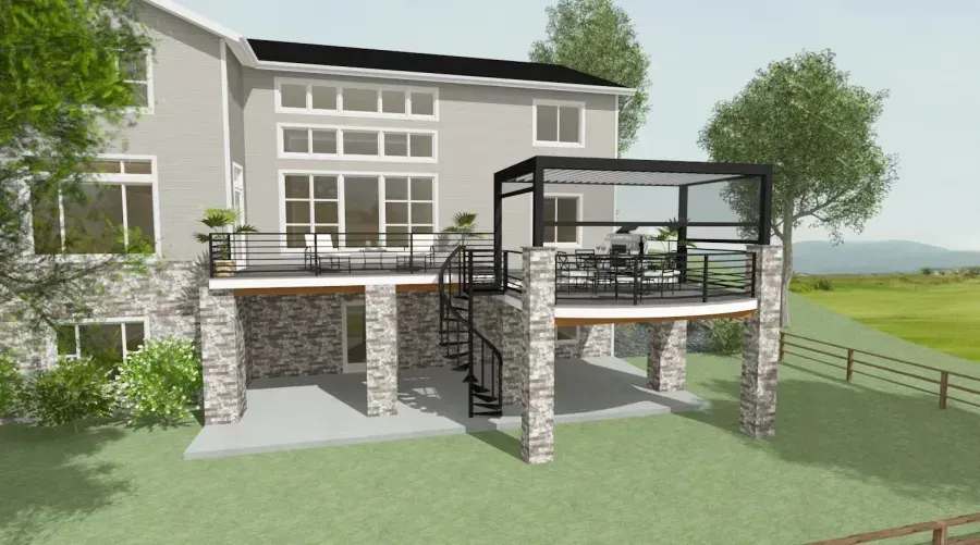 Backyard deck and patio attached to a gray house, with stone pillars, stairs, and outdoor seating.