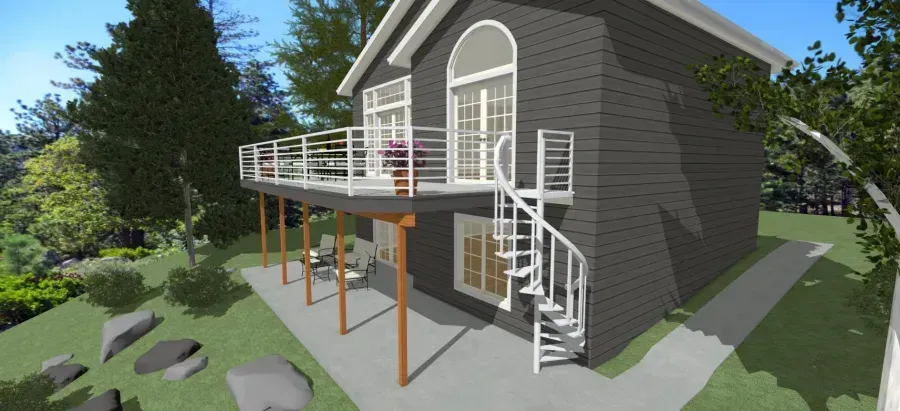 Three-story house with a white-railed deck, exterior stairs, and front porch supports in a grassy yard