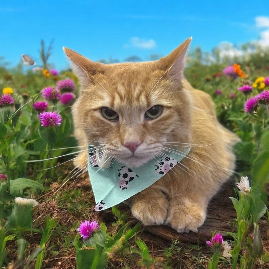 orange cat wearing a bandana, lying among wildflowers