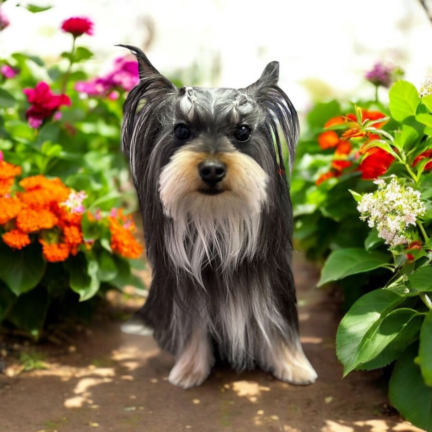 Yorkshire Terrier in a garden path, surrounded by colorful flowers