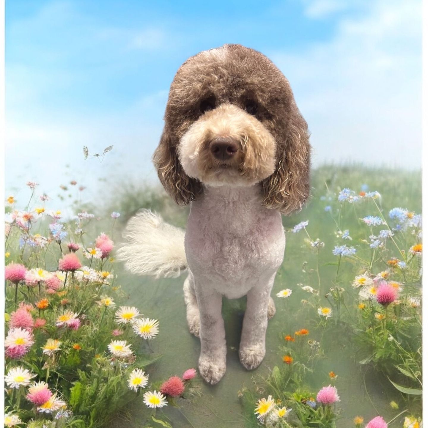 a dog with brown and white fur, sitting in a field of flowers under a blue sky