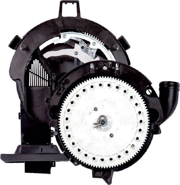 A close up of a black and white gear on a white background