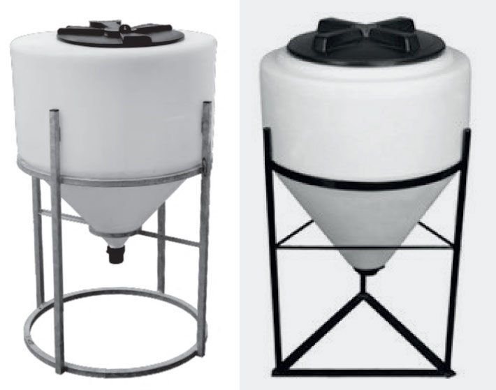 A white tank with a black lid sits on a metal stand