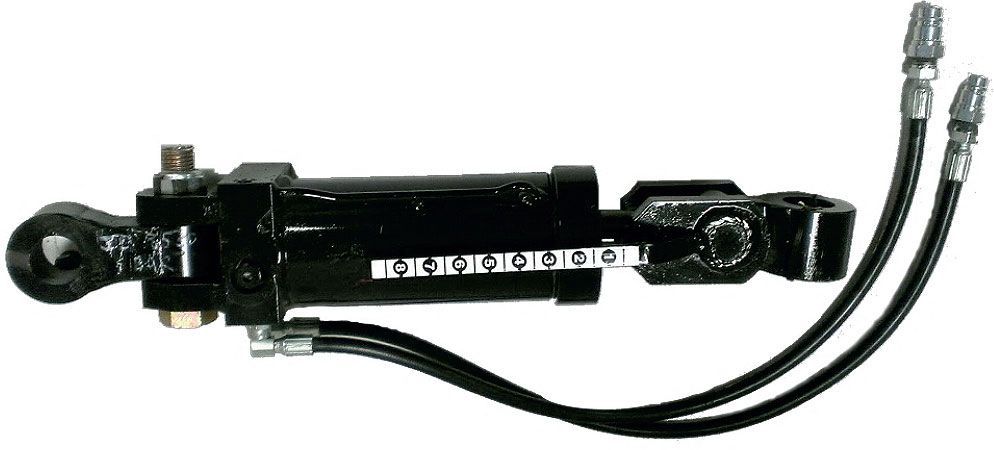 A black hydraulic cylinder with two hoses attached to it on a white background.