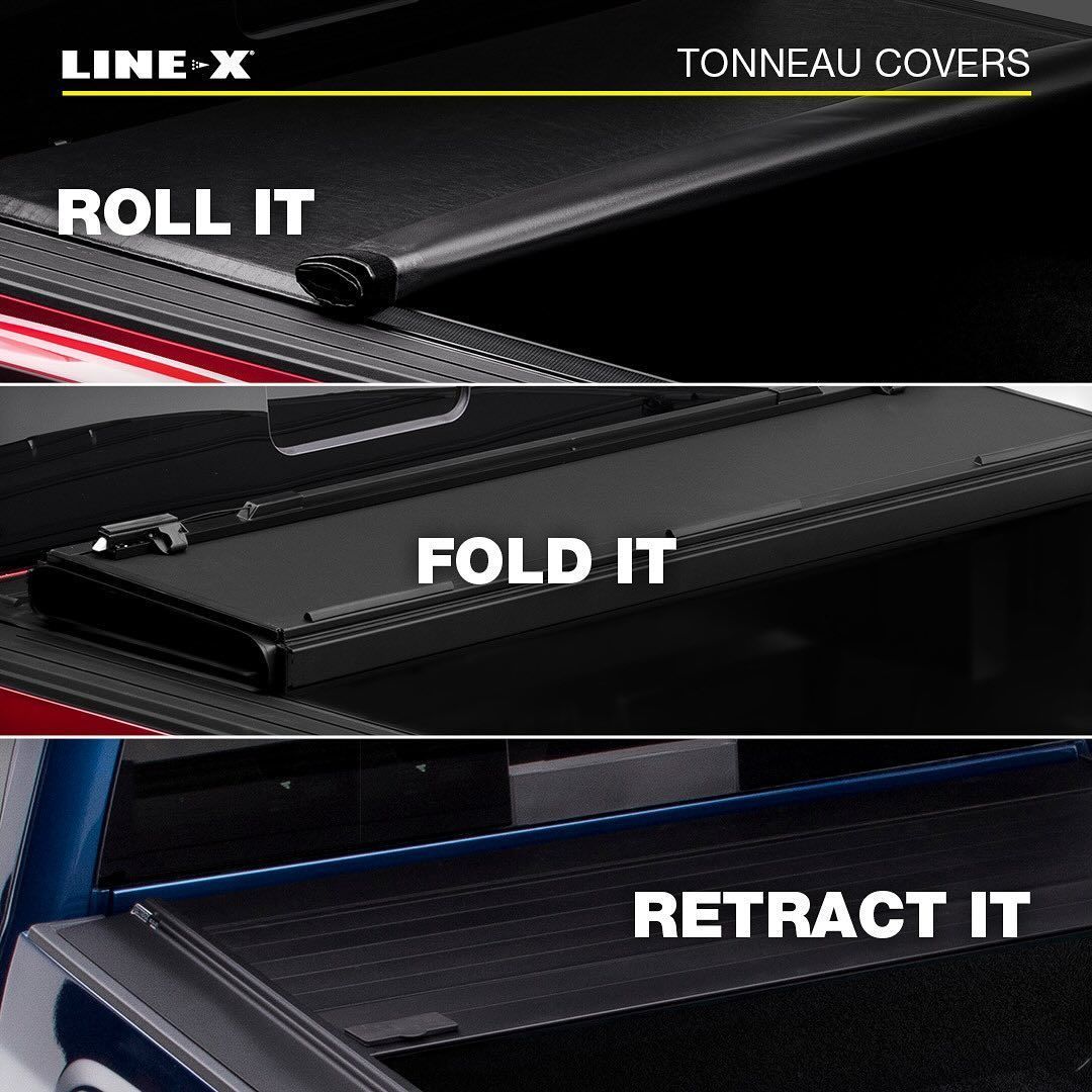 A picture of a truck bed cover that says roll it fold it and retract it