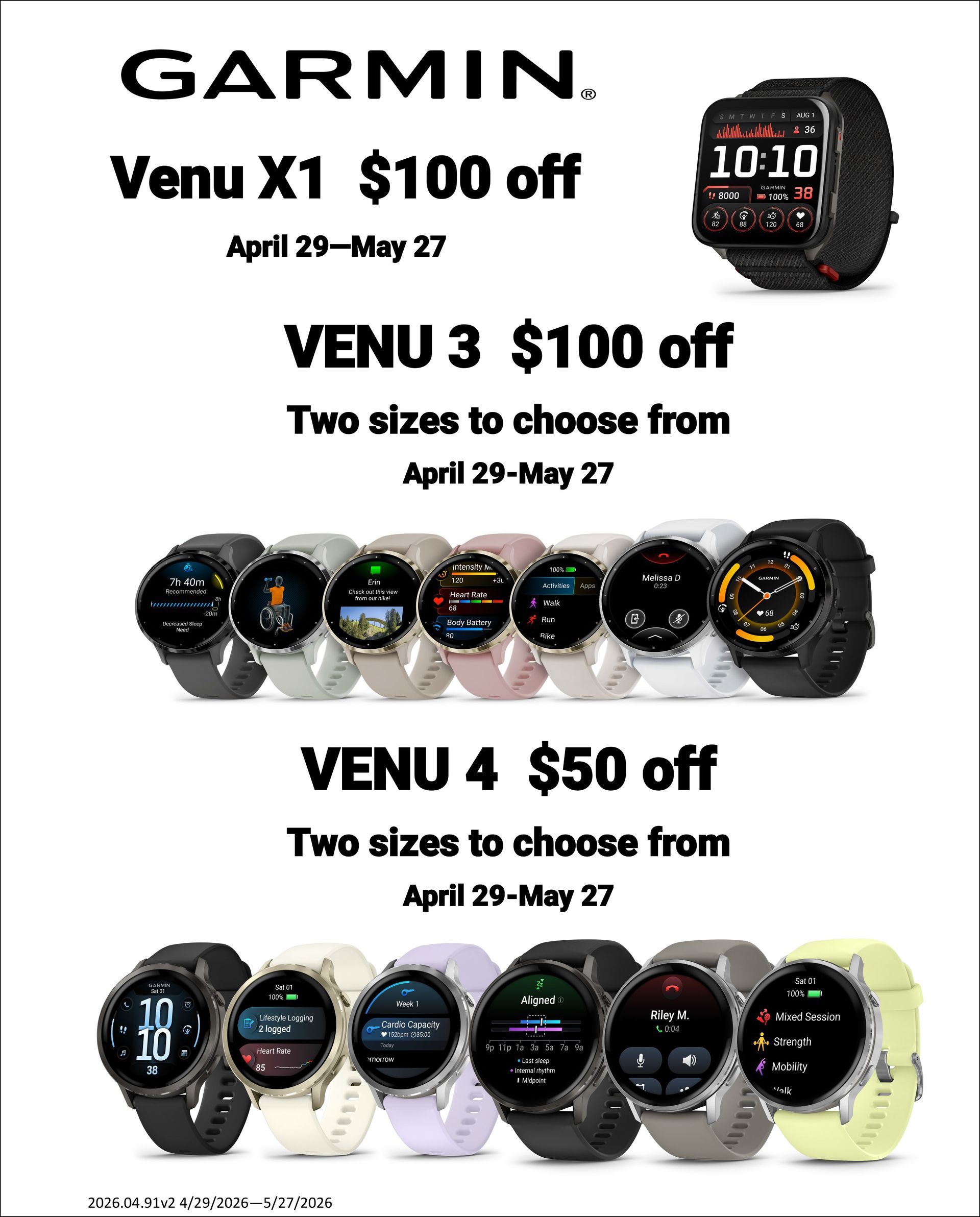 Garmin sale ad: Venu X1 $100 off, Venu 3 $100 off, Venu 4 $50 off with multiple watch colors.