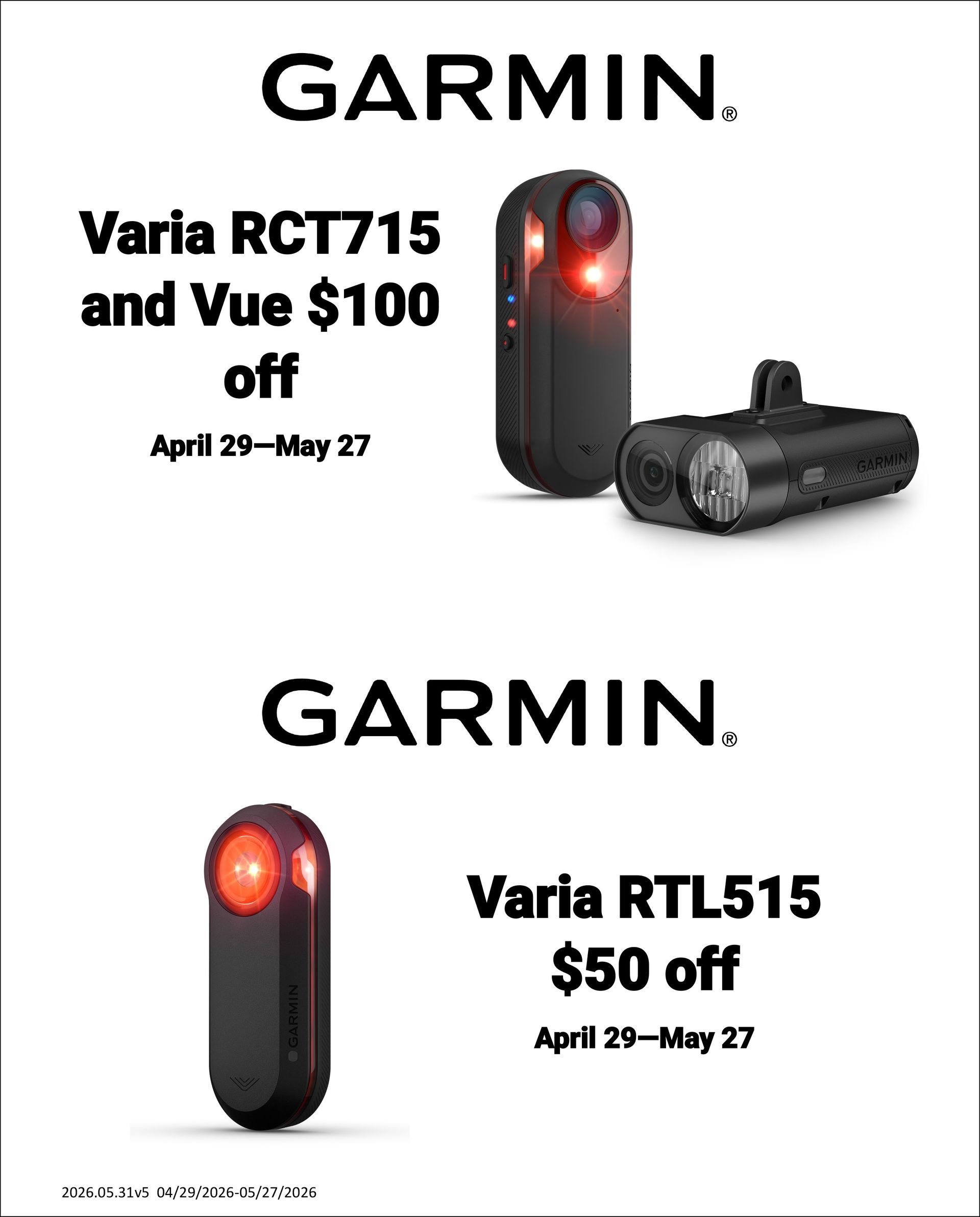 Garmin promo for Varia RCT715 and Varia RTL515 bike lights, each with $50 off dates shown