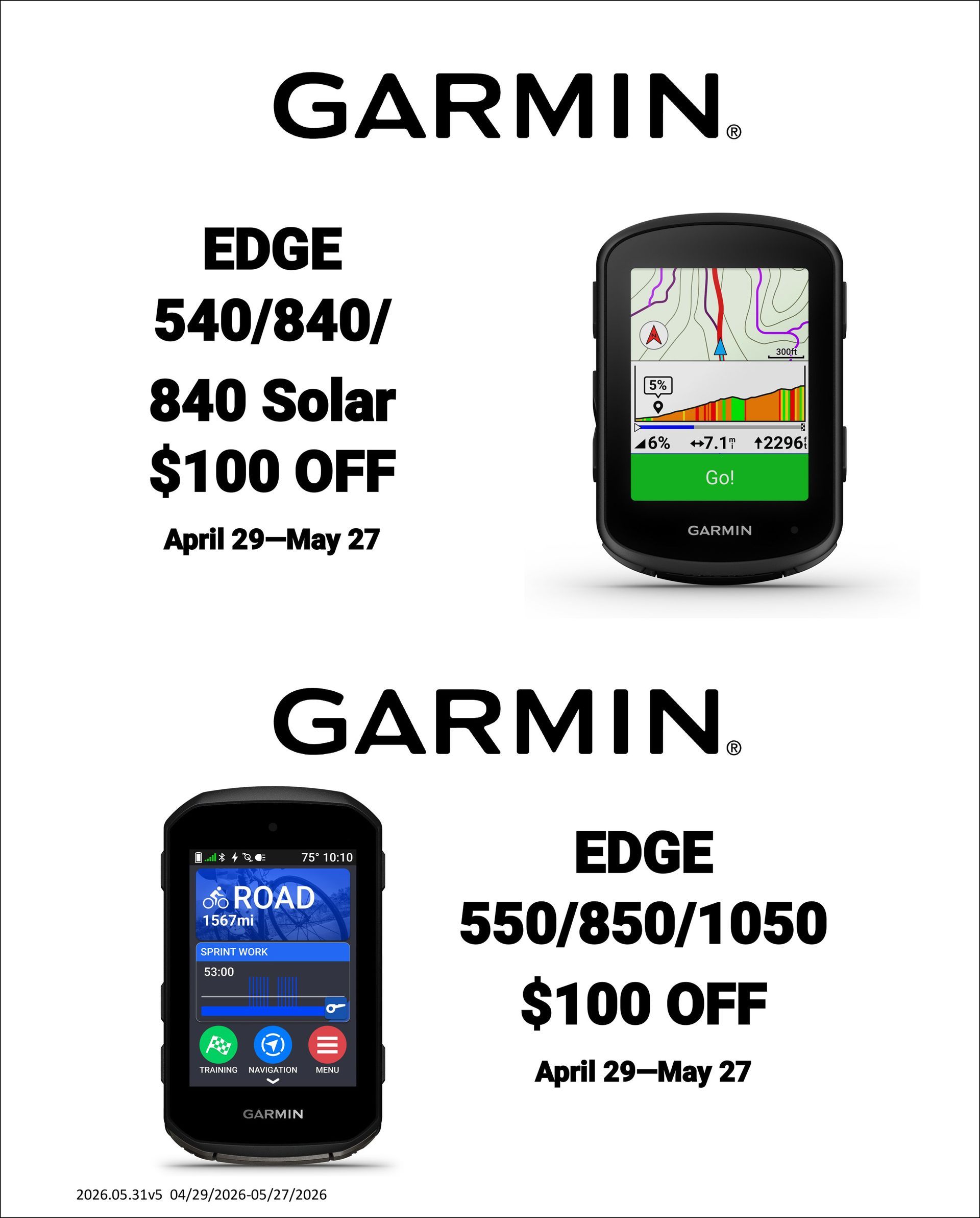 Garmin ad for Edge bike computers, featuring two models and “$100 off” sale text.