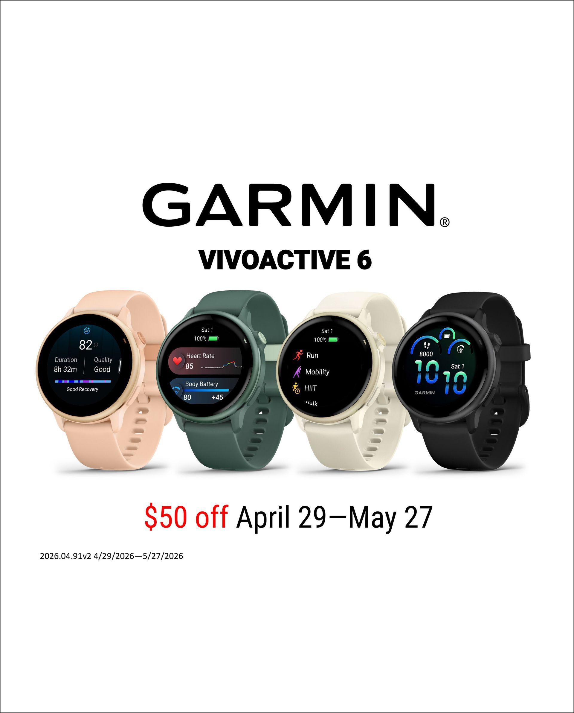 Garmin Vívomove 6 watch sale ad, four smartwatch colors, $50 off April 29–May 27