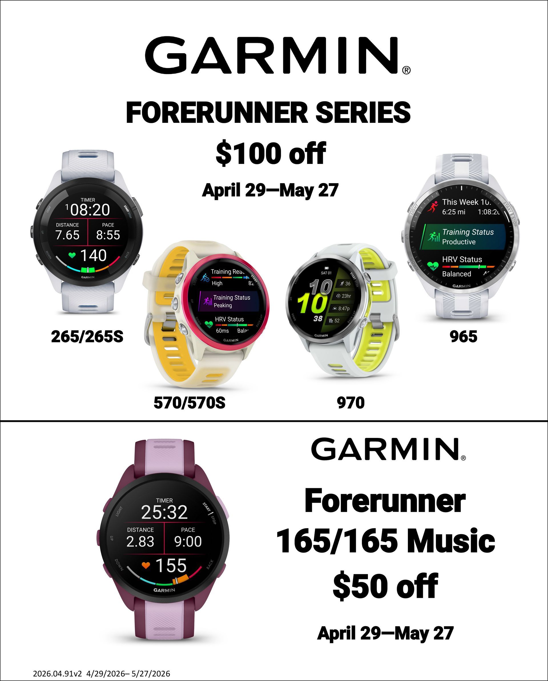 Garmin Forerunner sale ad: four watches, $100 off series and $50 off 165/165 Music, Apr 29–May 27