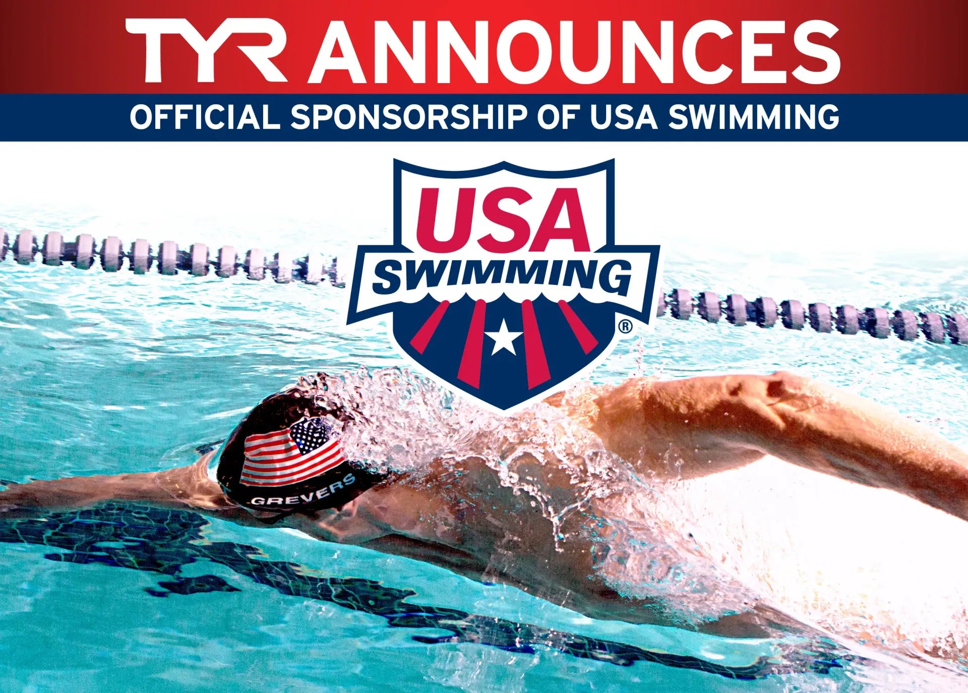 TYR announces official sponsorship of USA Swimming; swimmer in pool with American flag cap.
