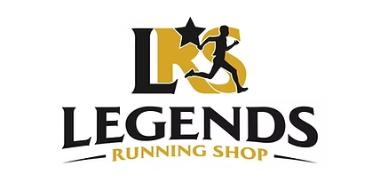 Logo for Legends Running Shop: gold and black silhouette of a runner, text "Legends Running Shop" below.