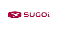 SUGOi logo: a burgundy emblem with a white arrow inside, beside the brand name in burgundy.