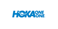 HOKA ONE ONE logo. Blue text with a stylized bird icon.