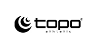 Topo Athletic logo, black and white. Crescent design next to the brand name and the word 