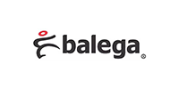 Balega logo: Black script with a stylized runner icon and red circle on white background.