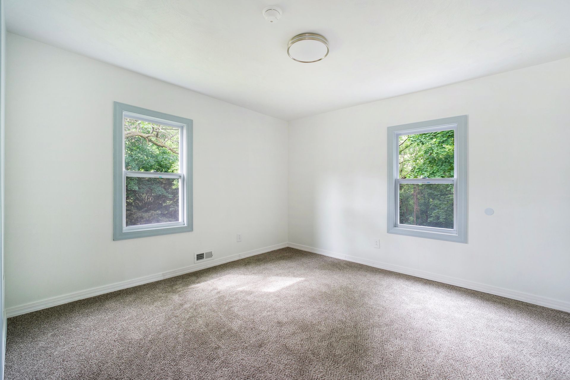 An empty bedroom with two windows and a carpeted floor.