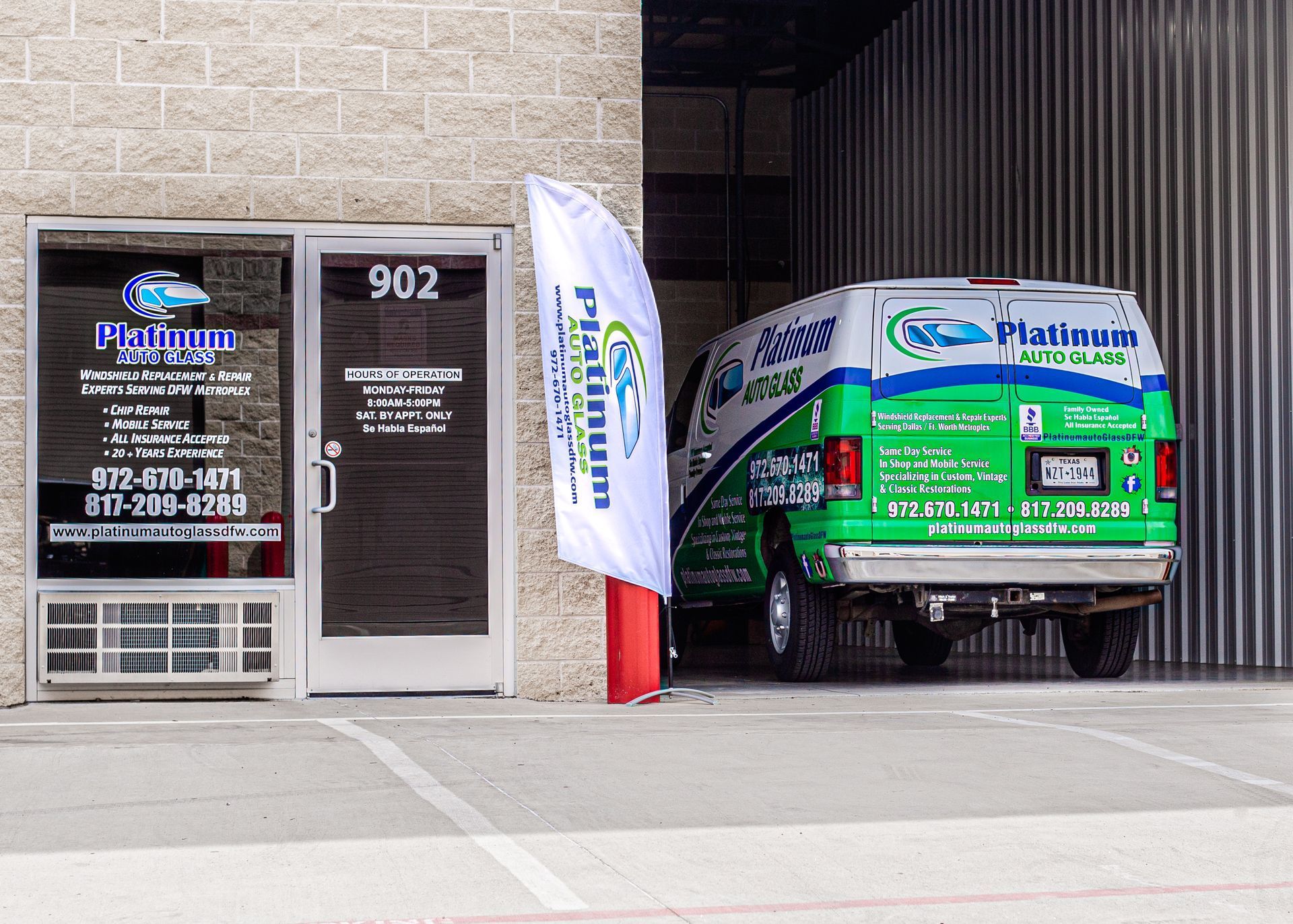 A Platinum Pool Services office with a branded van parked in front, featuring white, green, and blue signage.