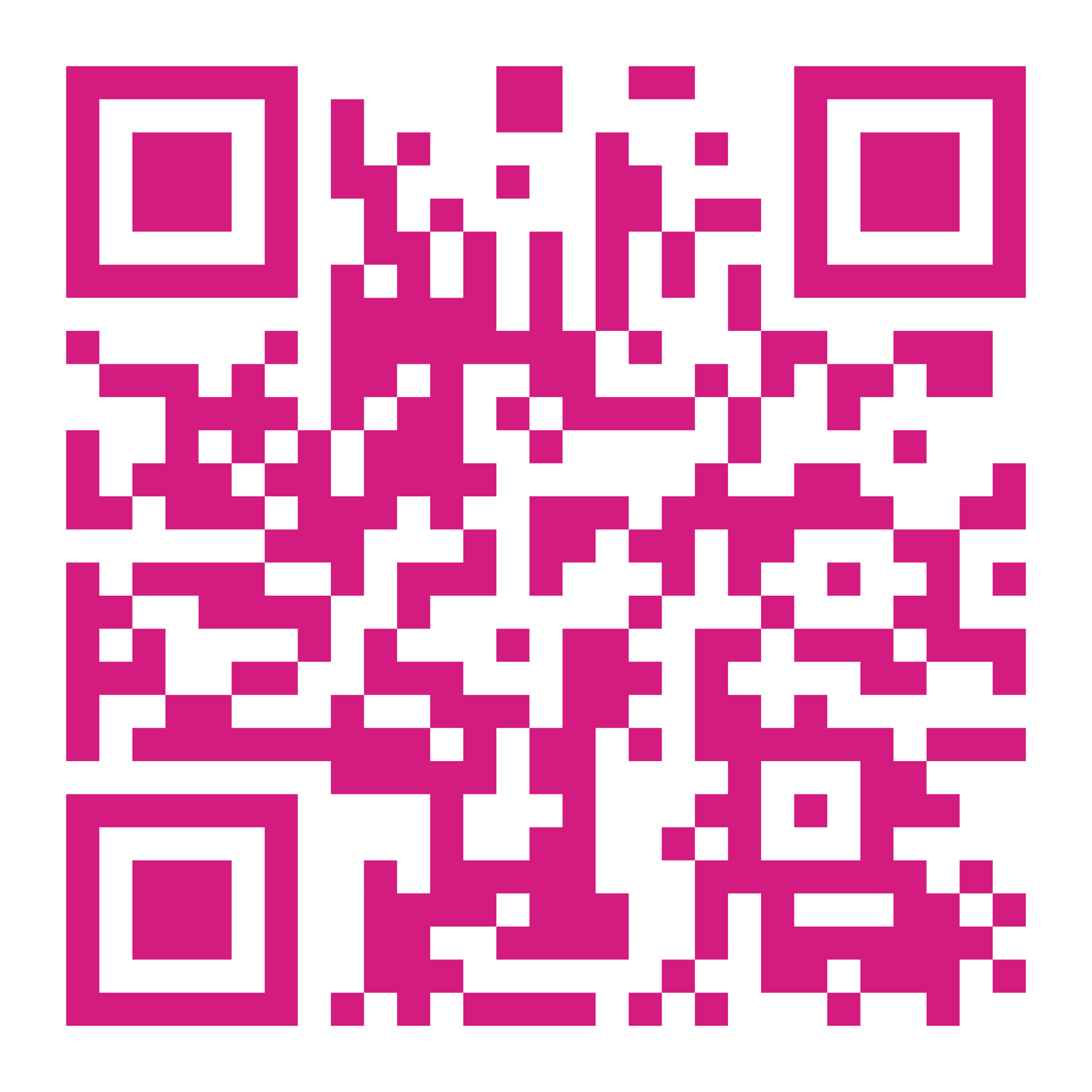 Pink QR code with a square design, ready to be scanned.