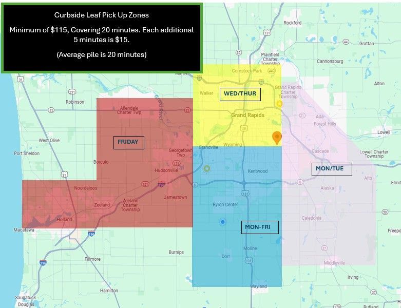 Promotional ad: Curbside leaf pickup service. Yellow leaves background. Text: Curbside leaf pickup, no bagging required.