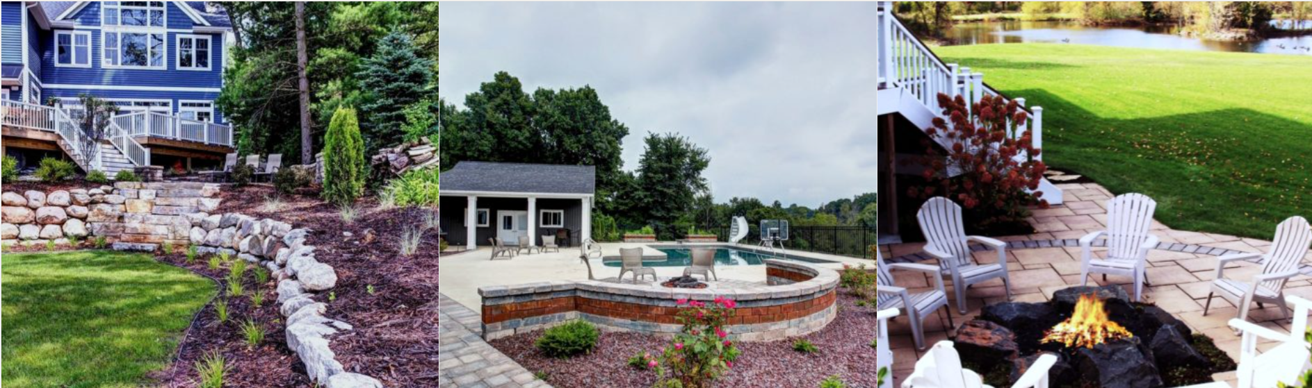 A collage of three pictures of a backyard with a fire pit.