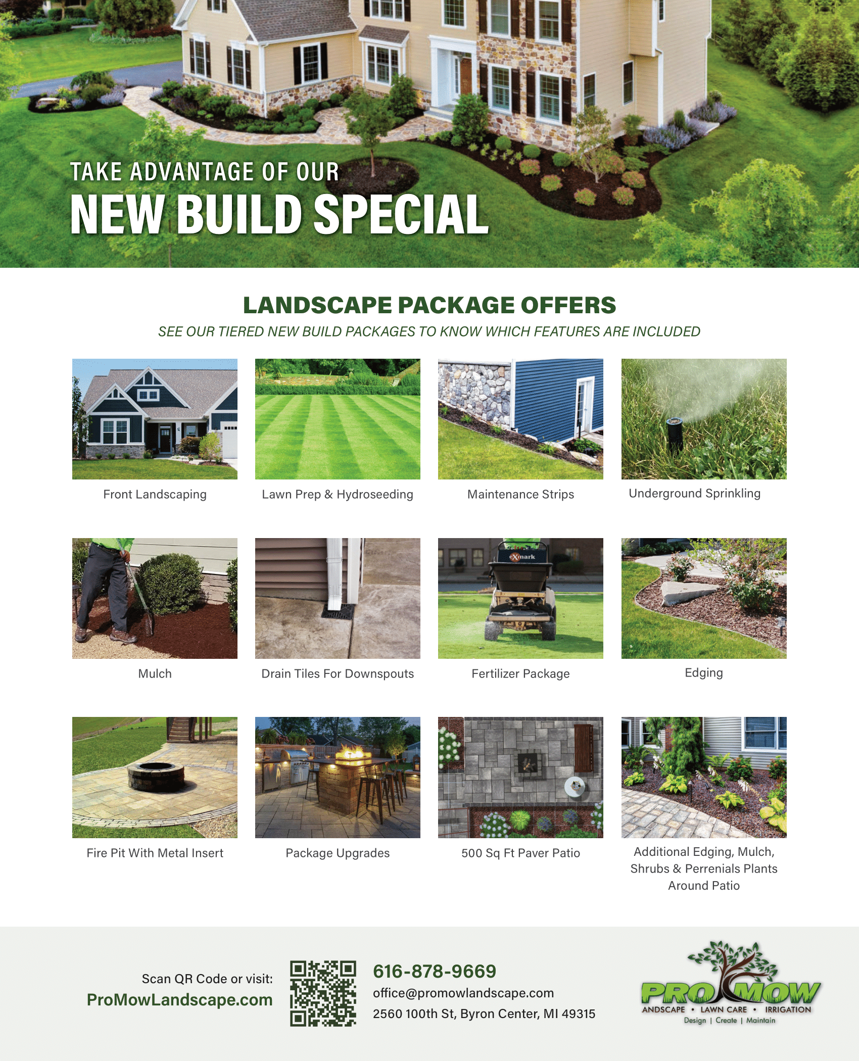 New build landscaping promotion with house photos and various landscape elements.