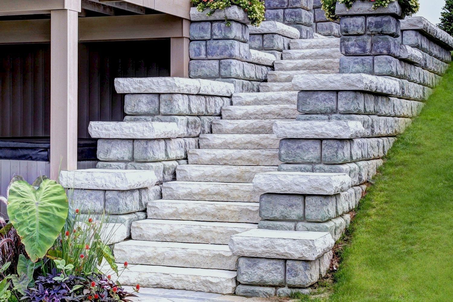 A set of stone stairs leading up to a house