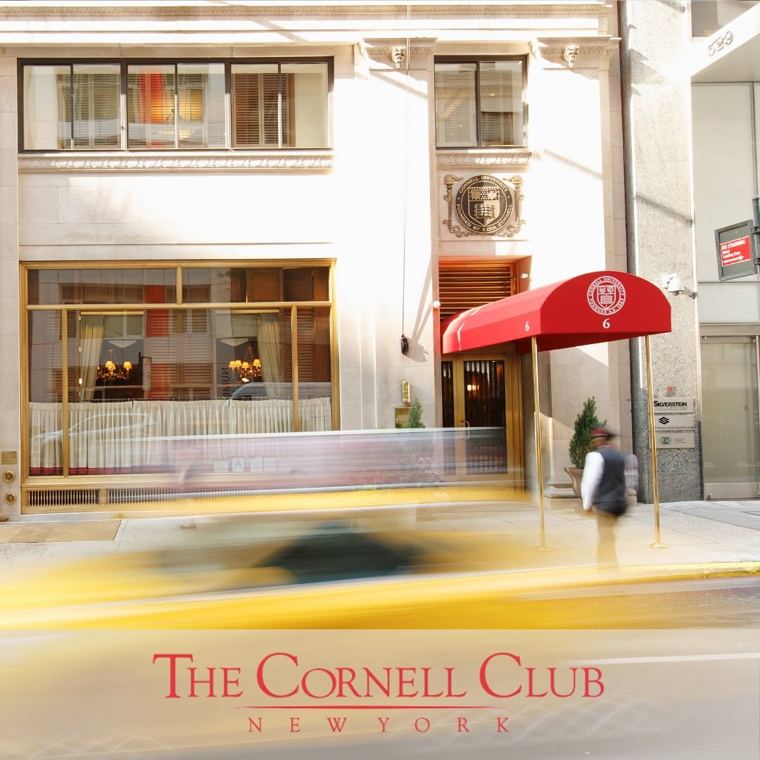 The Cornell Club entrance with a red awning and blurred yellow taxi passing in front.