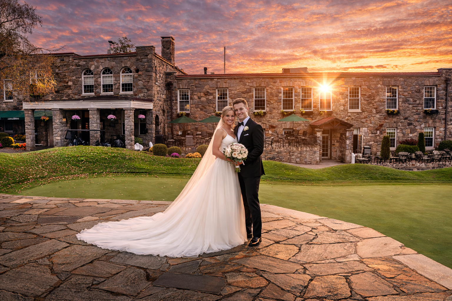 Christmas lights illuminate a wrought iron fence, a stone table, and evergreen trees at night.