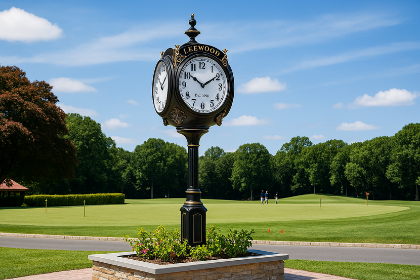 An ornate, multi-faced antique street clock stands in a landscaped garden on a sunny day at a golf course.