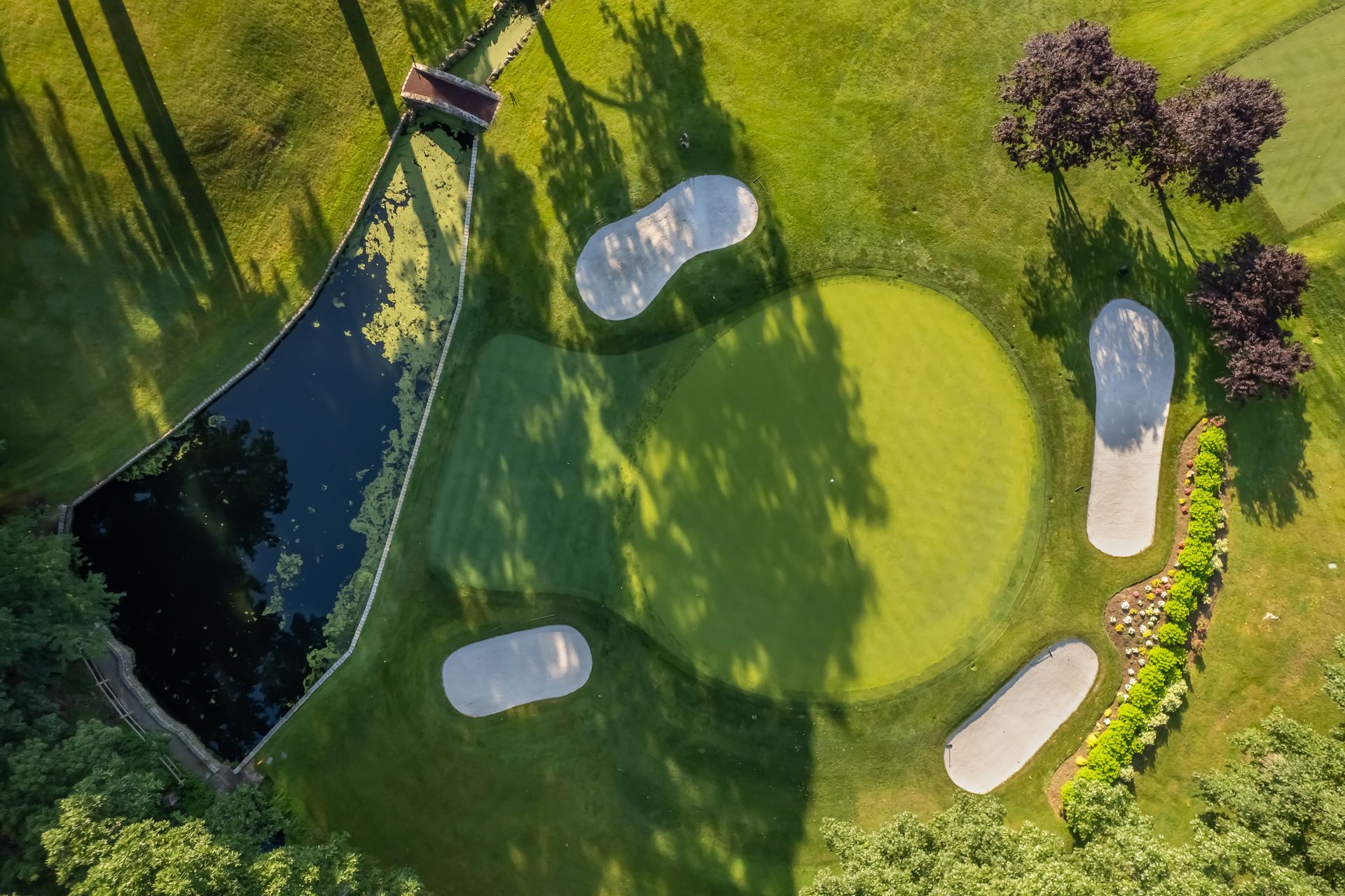 Aerial view of a golf course green, surrounded by sand traps and a water hazard.