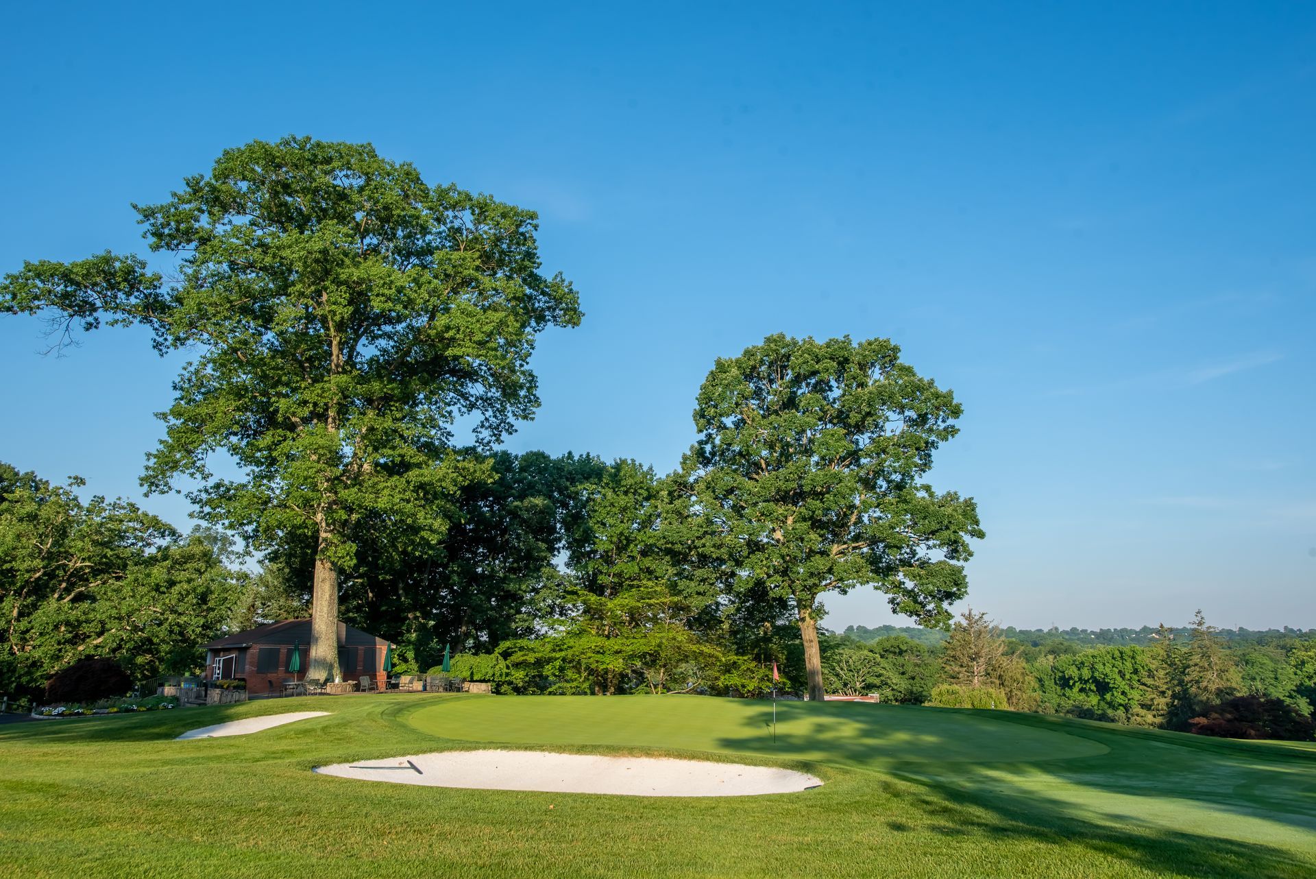 Golf green with sand trap, trees, and blue sky.
