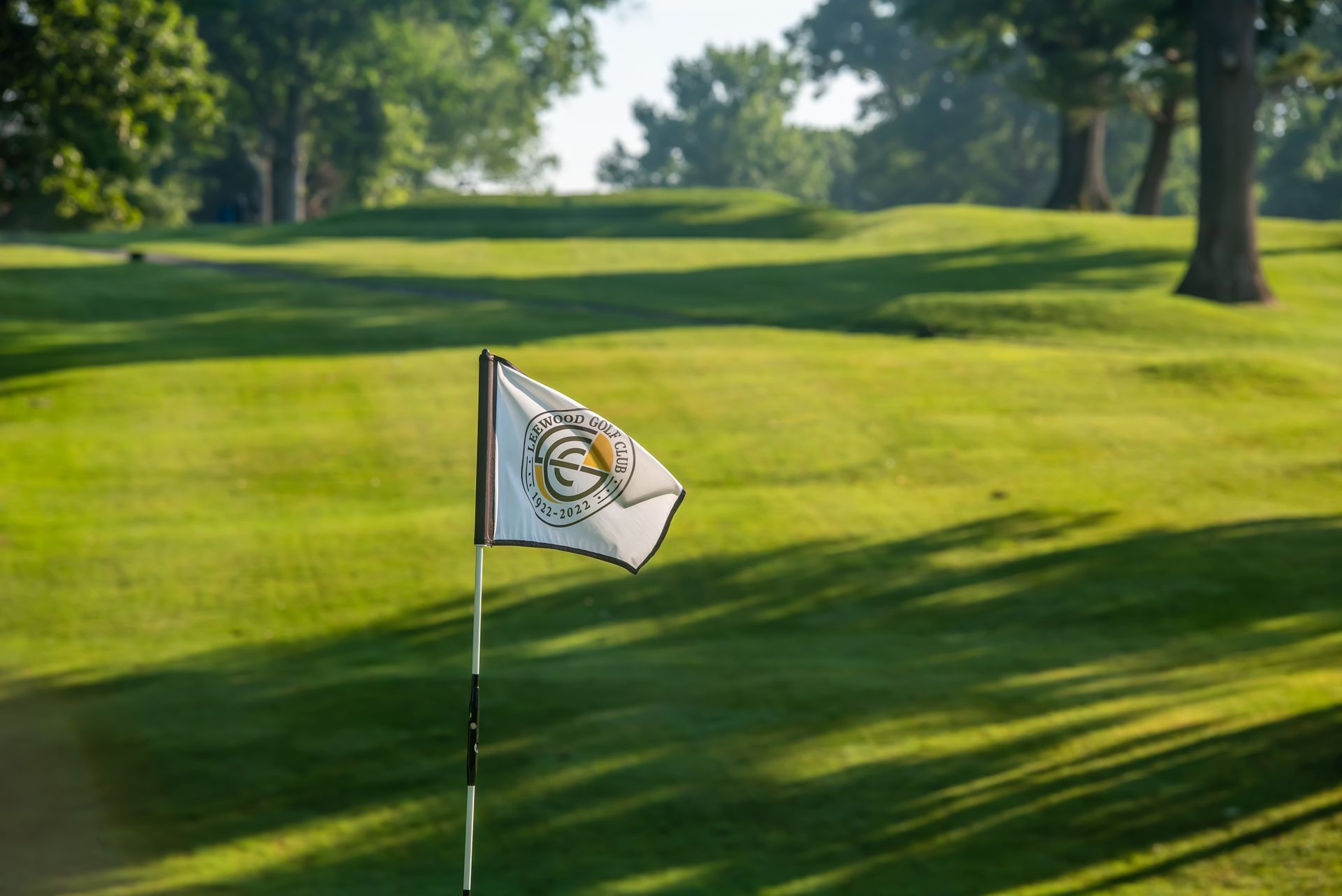 Golf flag on green course, with trees and sunlight.