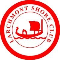 Red circular logo reading “Larchmont Shore Club” with a red sailboat on waves in the center