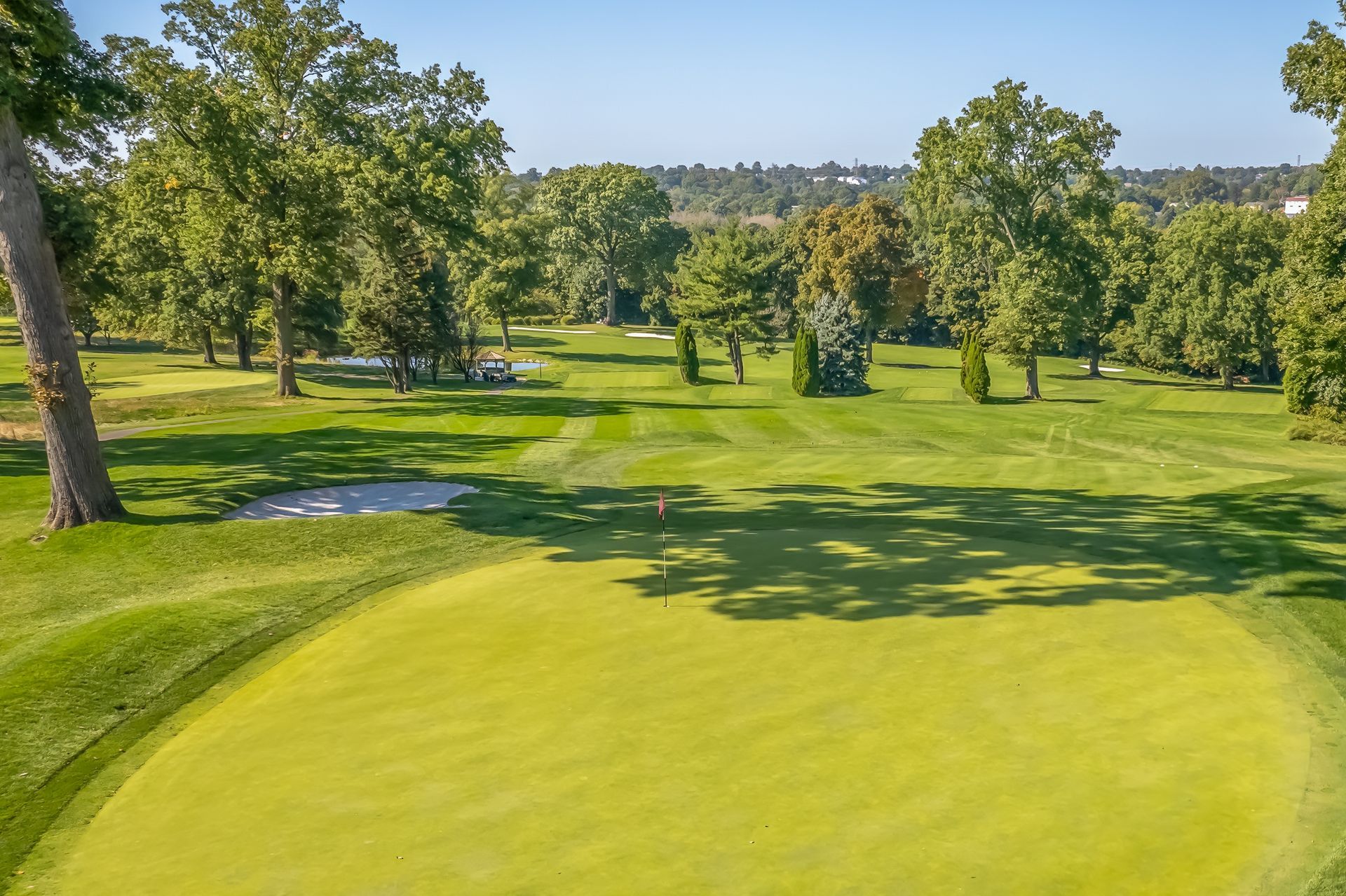 Golfer mid-swing on a green golf course, near water and trees.