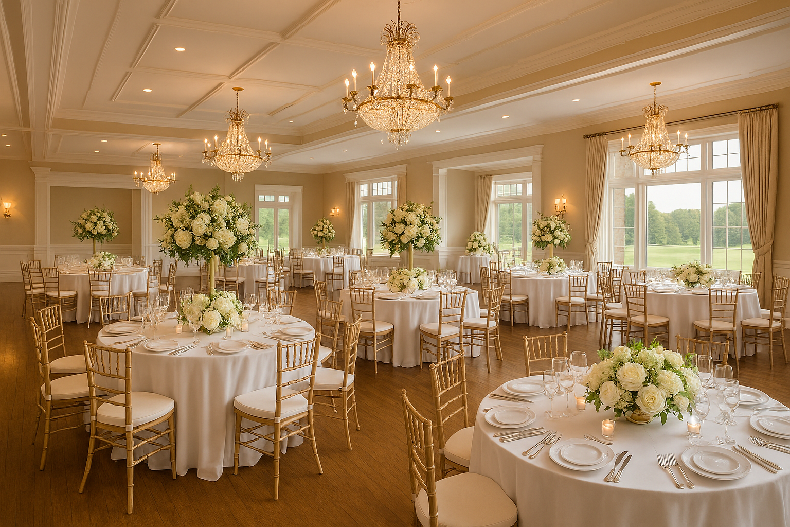 Elegant dining table set for a special event, with red and white decor and a cityscape view outside the windows.