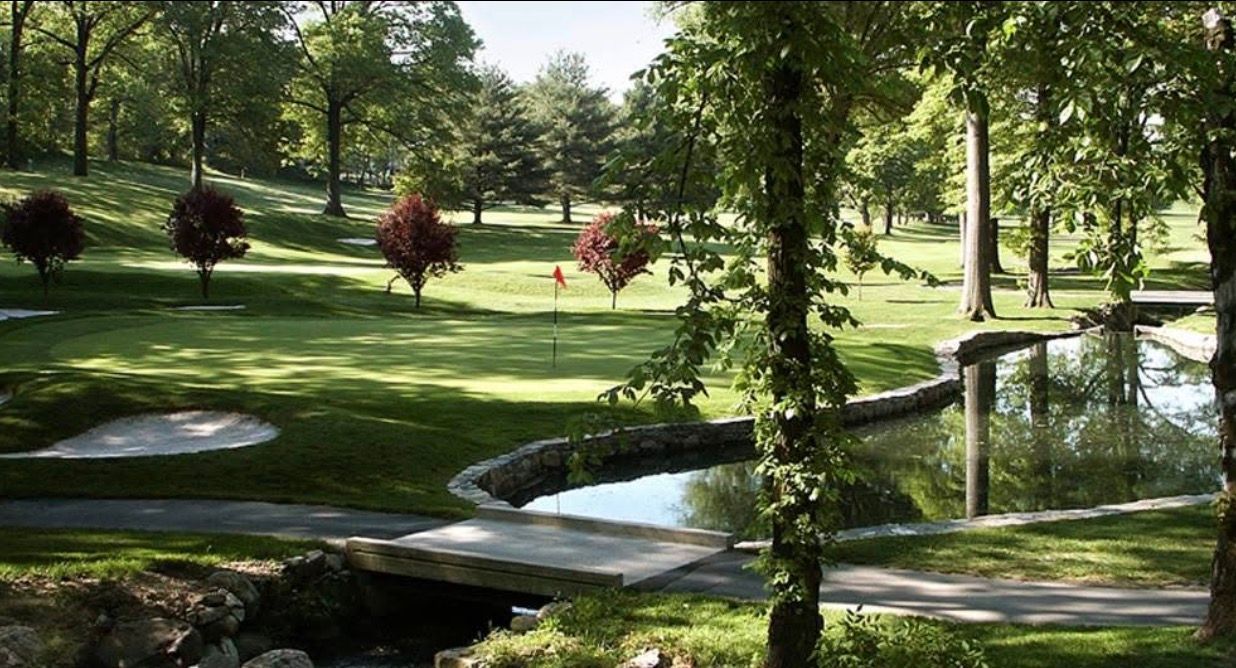 Green golf course with a pond and small bridge, trees, and sand traps.