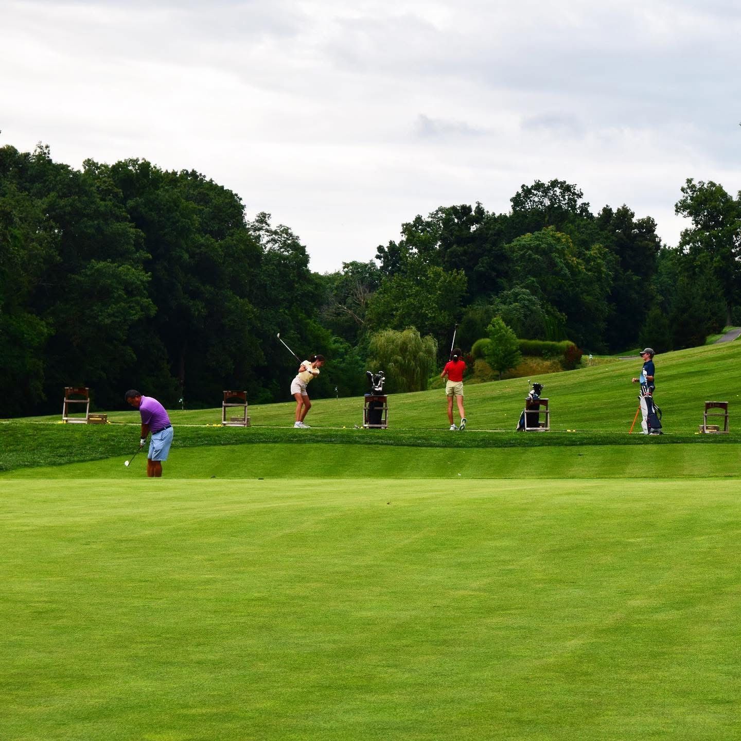 People practicing golf swings on a green driving range.
