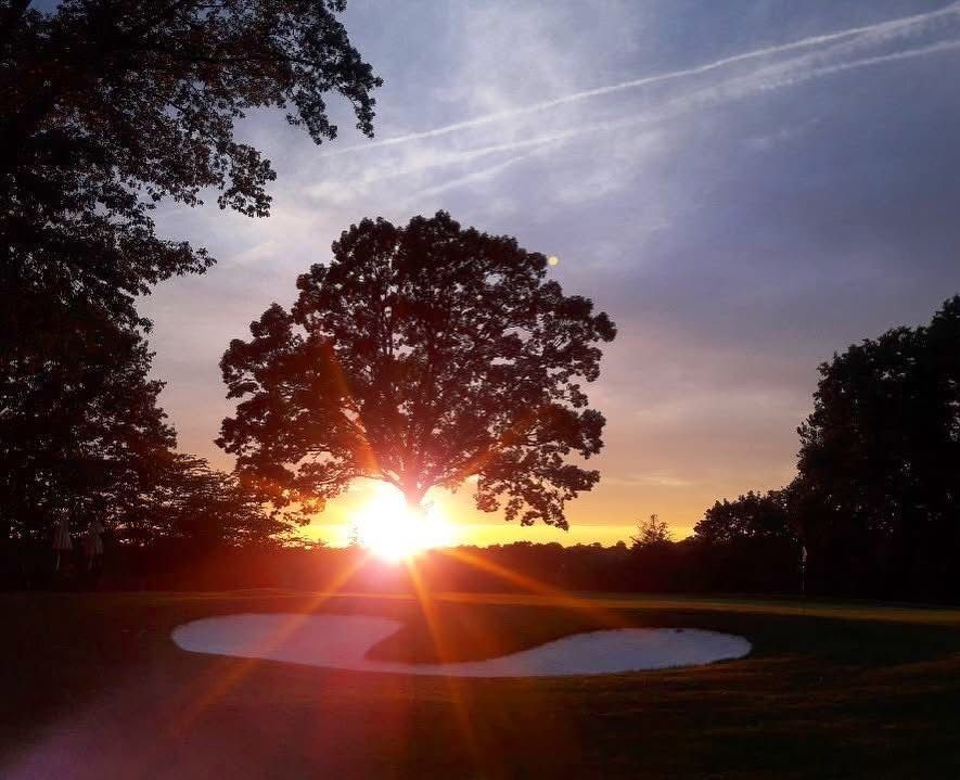 Sunset over golf course with sunburst through tree, illuminating a sand trap.