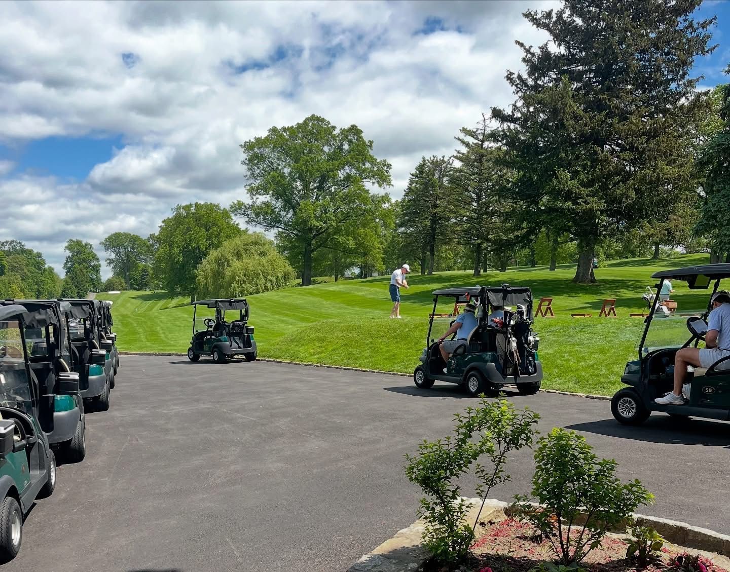 Golfers and golf carts on a course. Carts line a paved path, with players in the background. Sunny day.