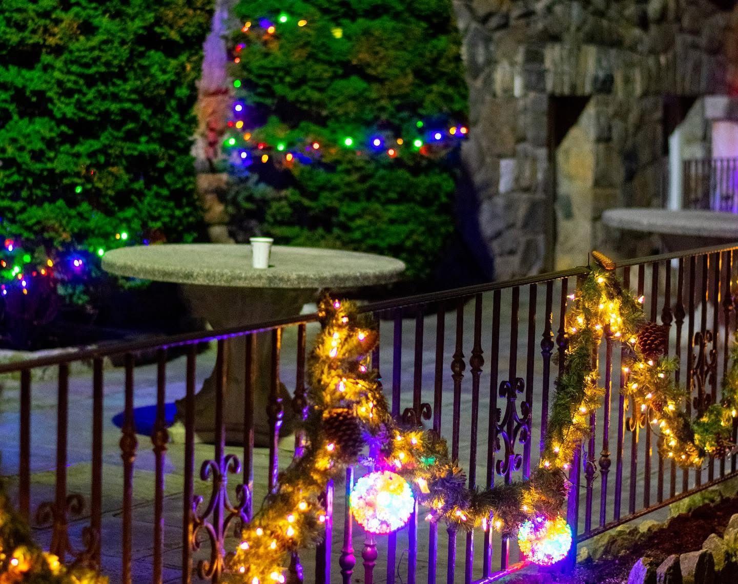 Christmas lights illuminate a wrought iron fence, a stone table, and evergreen trees at night.